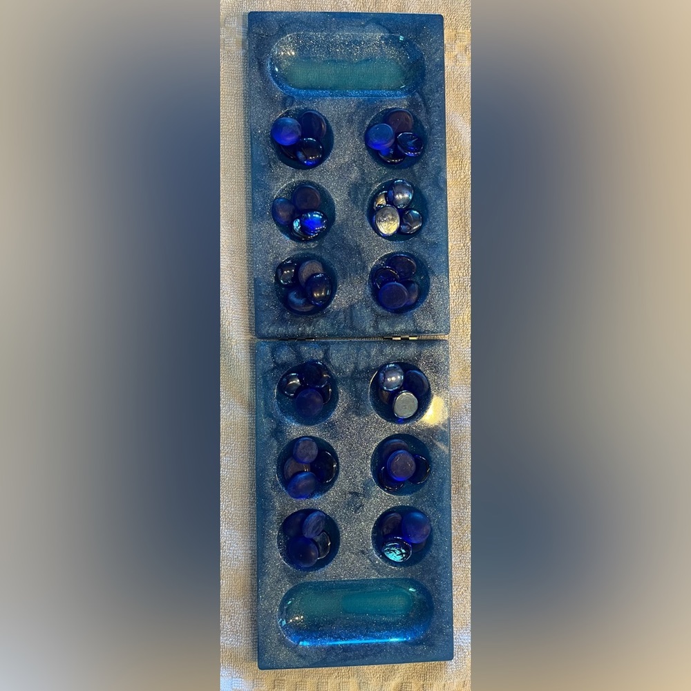 Game: Mancala one -of- a-kind blue resin pour and glass beads